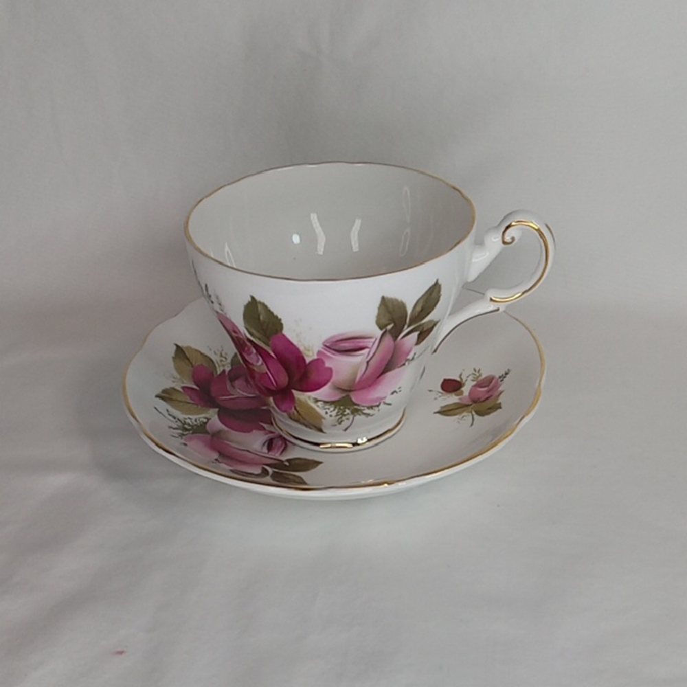 Vintage Regency English Bone China Floral Teacup and Saucer Set with Gold Trim